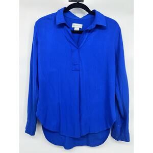 Liz Claiborne Blue Rayon Split Neck Button Long Sleeve Blouse S